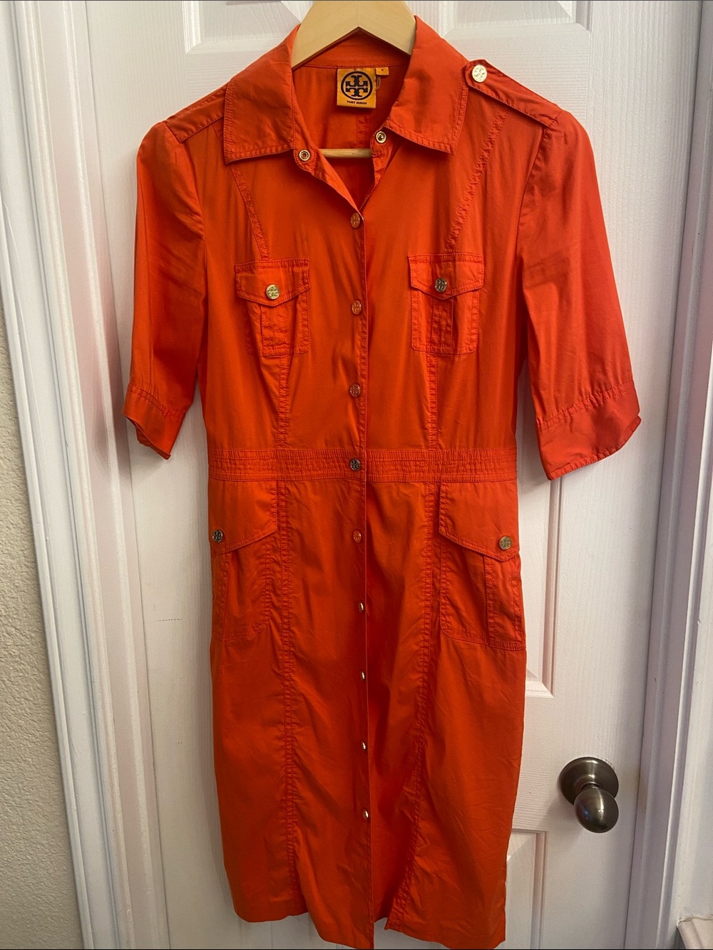 Tory Burch Bright Orange Utility Shirt Midi Dress Size 2
